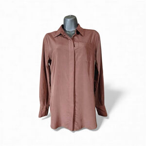 Nine West Women's XS Long Sleeve Button Front Blouse – Chocolate Brown (JC115)